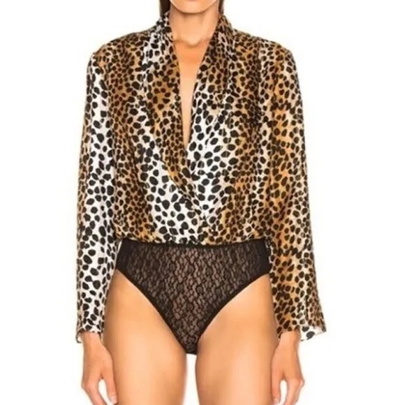 RIXO Avril Leopard Black Tan Deep Plunge Line Silk Viscose Blend Bodysuit - Picture 2 of 13